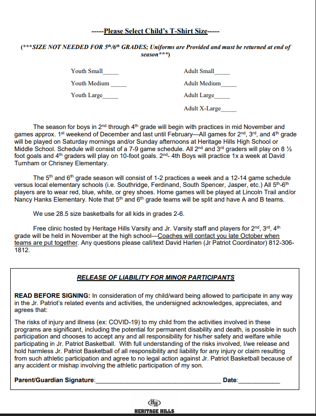 Jr. Patriot Basketball Form