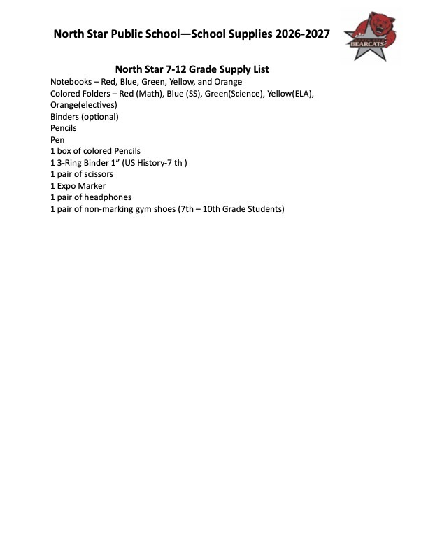 supply list for seventh through twelfth