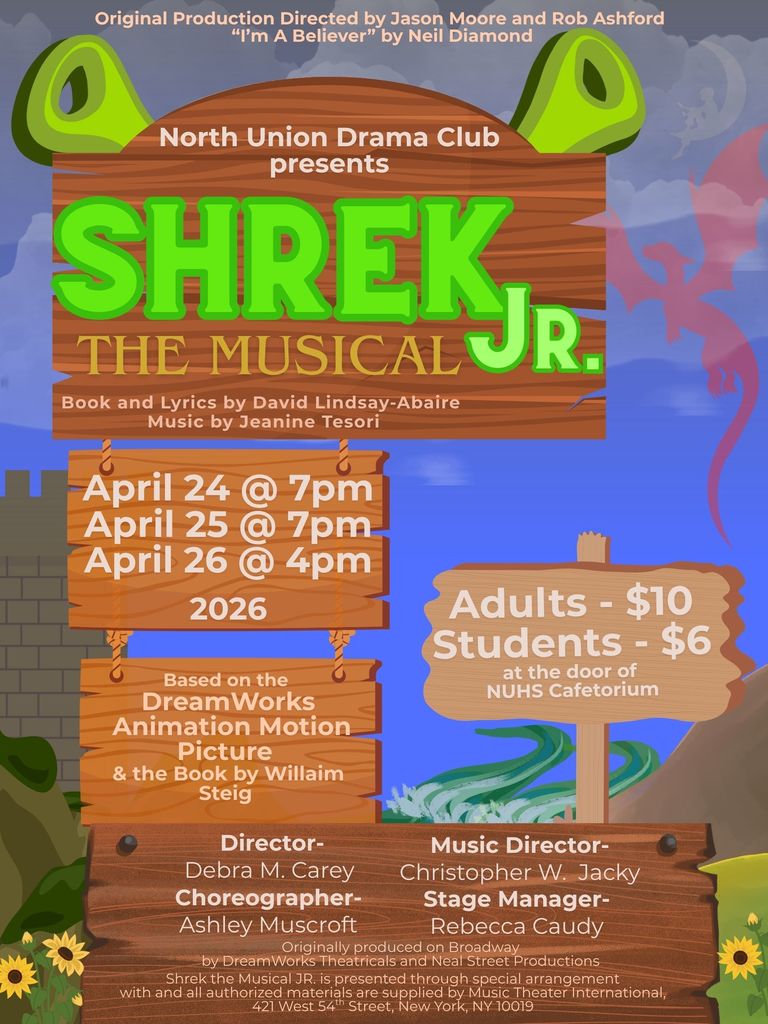 Poster with a wooden signboard for "Shrek Jr. The Musical." Shows dates: April 24, 25, 26, 2026, times, and prices. Includes a castle background and green leafy vines.