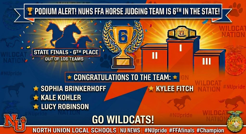 Graphic with blue and orange background. Text reads "PODIUM ALERT! NUHS FFA HORSE JUDGING TEAM IS 6TH IN THE STATE!"