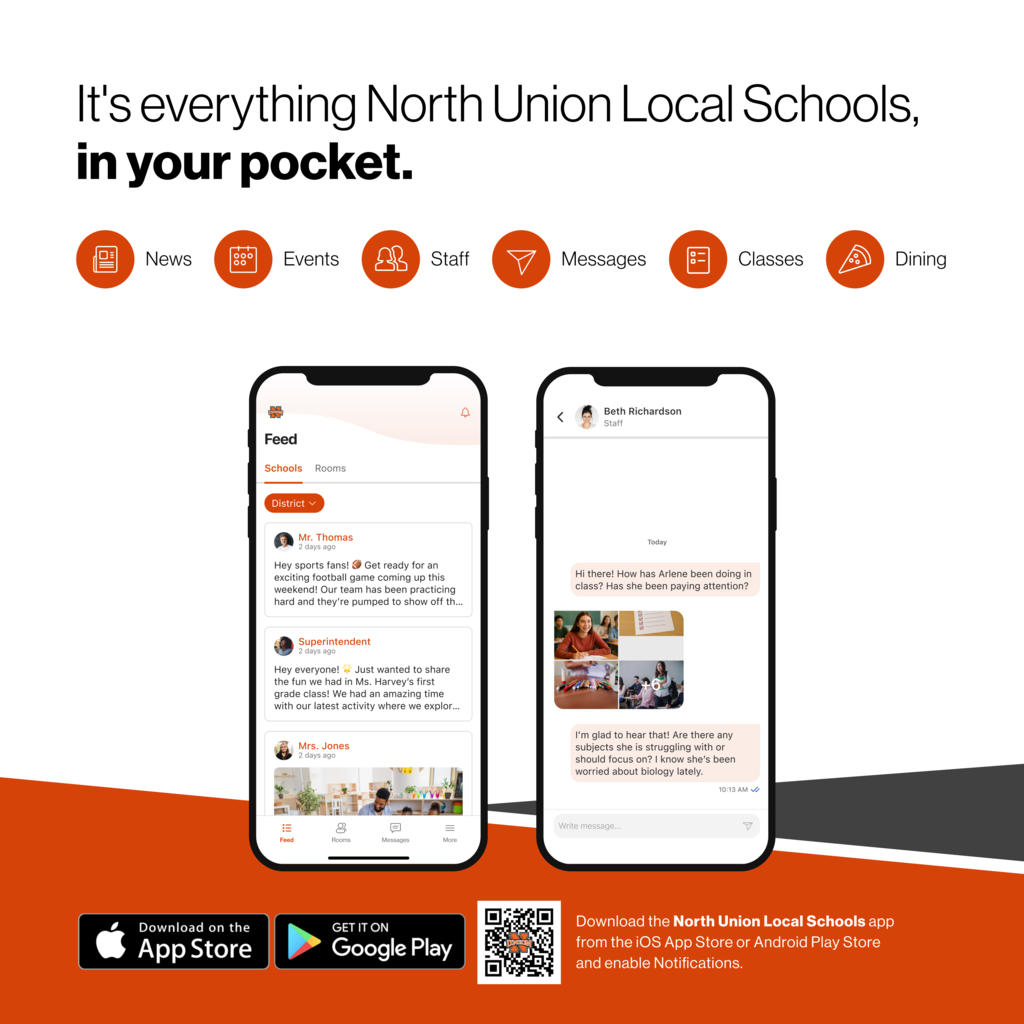 Two smartphones side by side. Text reads: "It's everything North Union Local Schools, in your pocket." Icons and app details are visible on screens.