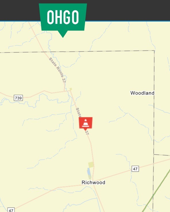 A map shows roads with names such as State Route 739, State Route 47, and Route 47. A red alert icon is placed near the intersection of these roads.