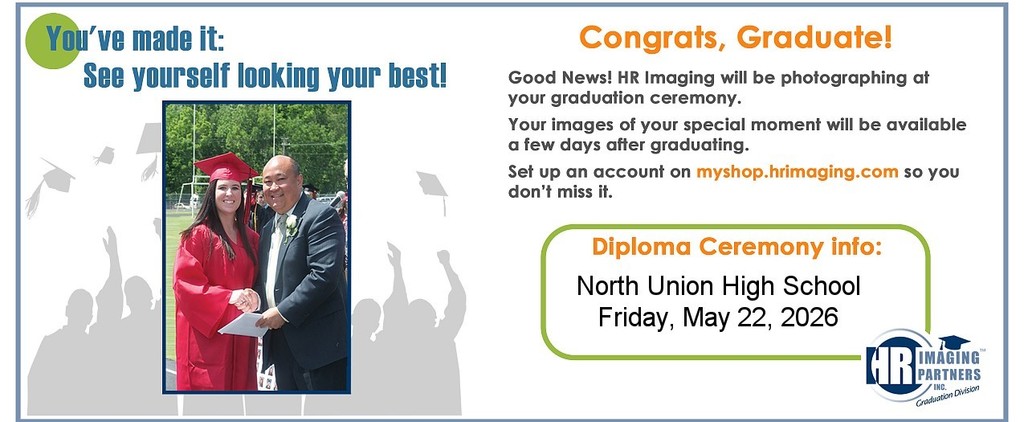 A graduation announcement card shows a man and woman in caps and gowns. Text reads: "Congratulations, Graduate!"