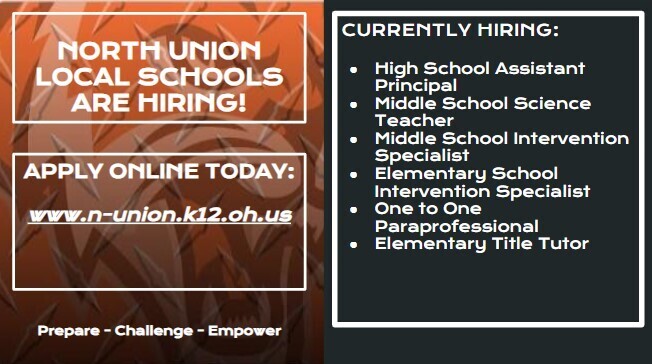 Advertisement for job openings at North Union Local Schools, featuring positions and an online application link.