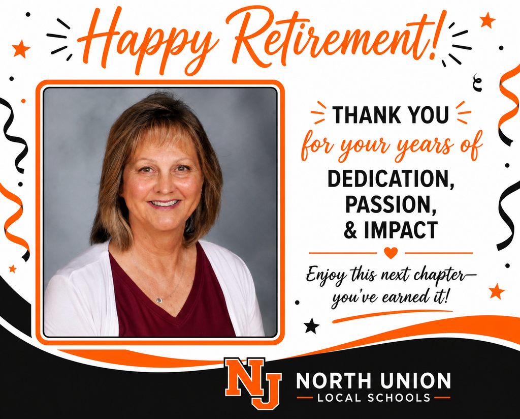 A picture of a smiling woman in a red top and white sweater. Text reads "Happy Retirement! Thank you for your years of dedication, passion, and impact."