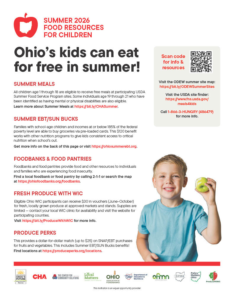 A poster promotes summer meal resources for Ohio kids, featuring a child holding a lemon, red apple logo, and QR code.