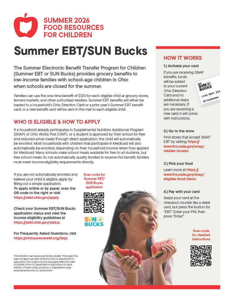A flyer details Summer EBT/SUN Bucks for low-income families. It includes instructions, a child holding a watermelon slice, and QR codes.
