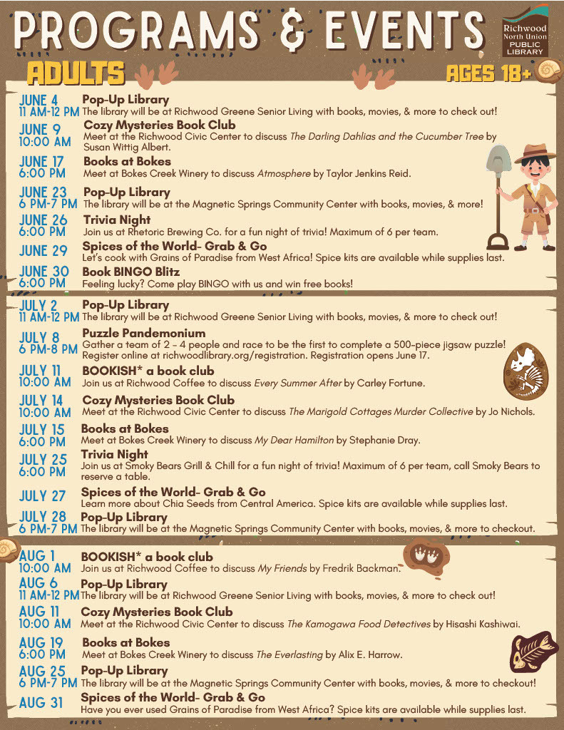 A flyer with "Programs & Events" at the top. Dates, times, and activities listed with small icons.