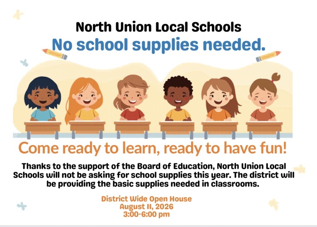 An infographic informs that North Union Local Schools will not require school supplies due to district support. Children sit in desks.