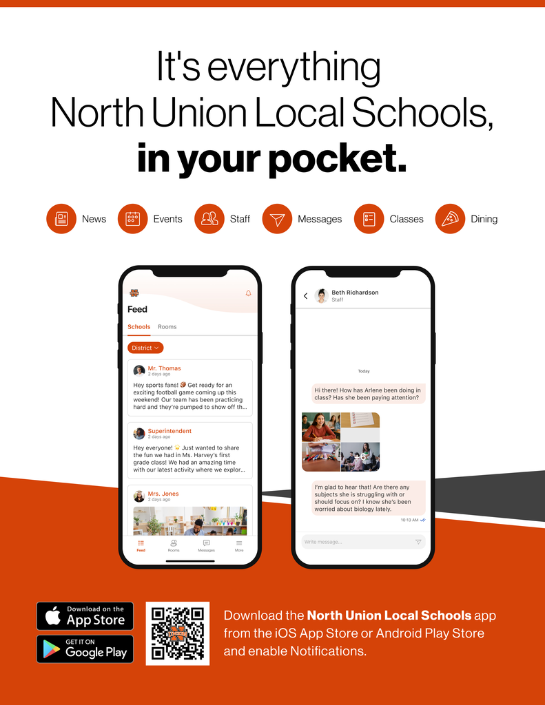 Two mobile phones side by side displaying the North Union Local Schools app interface. Icons for News, Events, Staff, Messages, Classes, Dining.