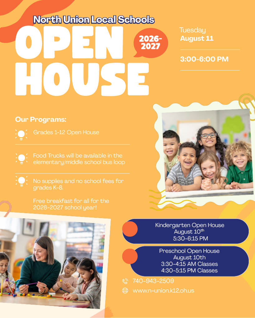An orange and white flyer announces North Union Local Schools' Open House. It includes dates, programs, and pictures of children and adults in a classroom.