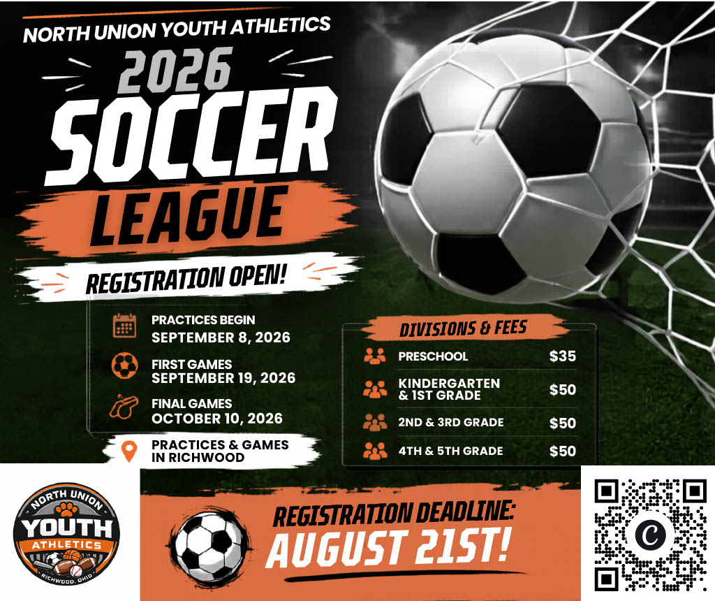 Poster with a soccer ball in the net, text reads "2026 Soccer League" and "Registration Open!" with details for divisions, fees, and dates.