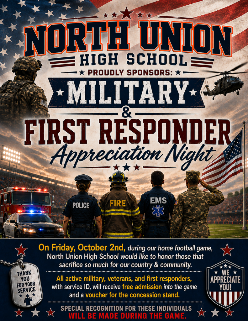 An advertisement for North Union High School Military & First Responder Appreciation Night on Oct 2.