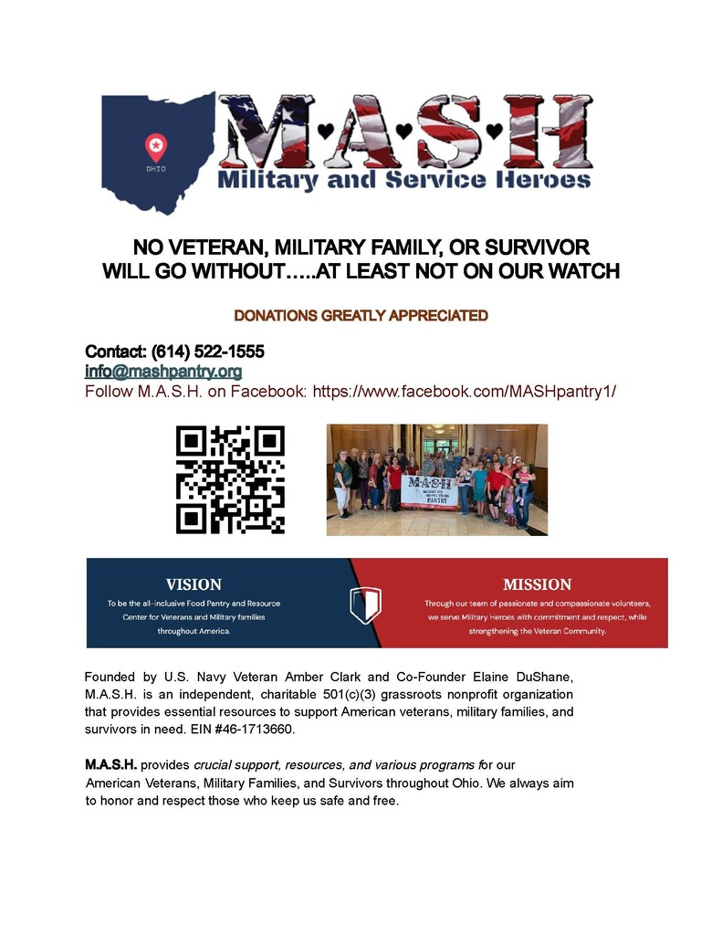 Red, white and blue graphic with the title M.A.S.H. Military and Service Heroes. Text and QR code on the left, photo of people on the right.