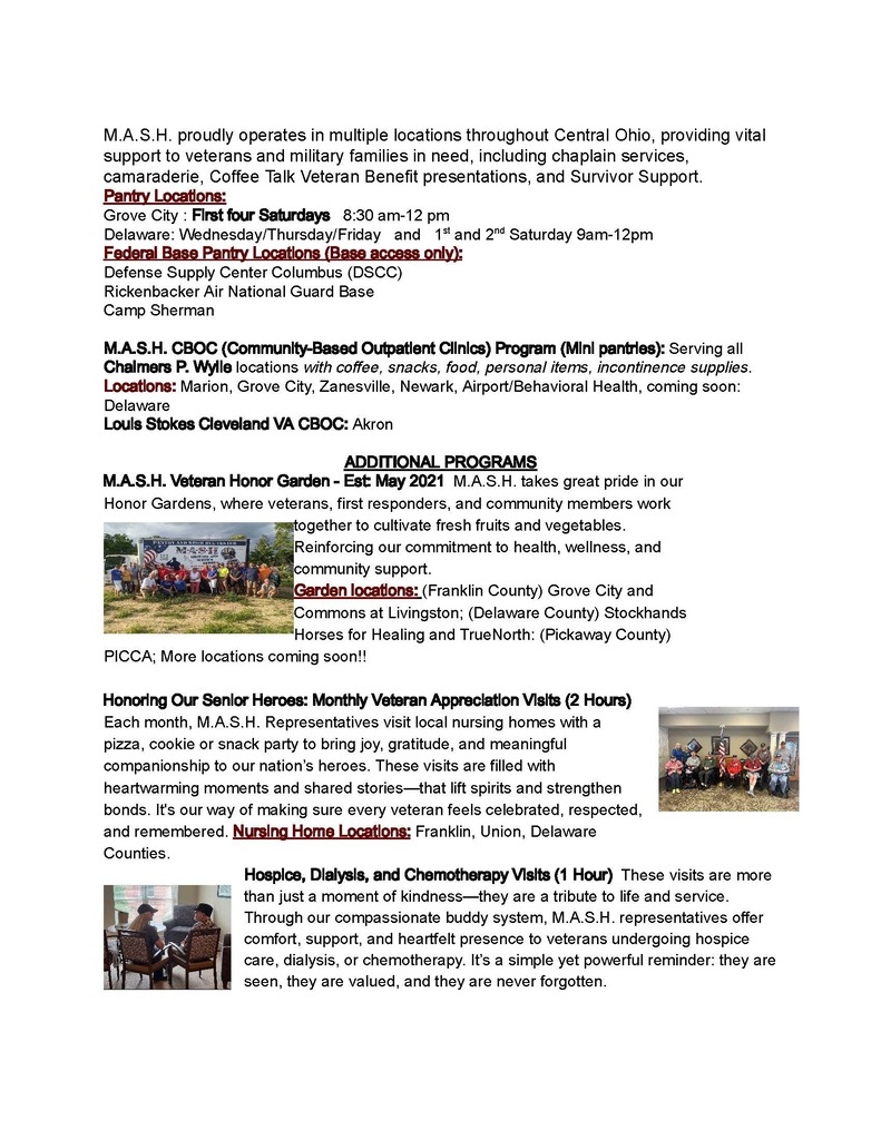 Document page with title, text, and images. The top section displays text and an image of a building. The bottom section shows photos of people in a garden, a table with a chair, and a person in a hospital bed.