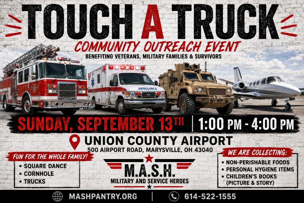 An event poster for "Touch a Truck" with fire truck, ambulance, military vehicle, and plane. Details: September 13, 1:00-4:00 PM, Union County Airport.