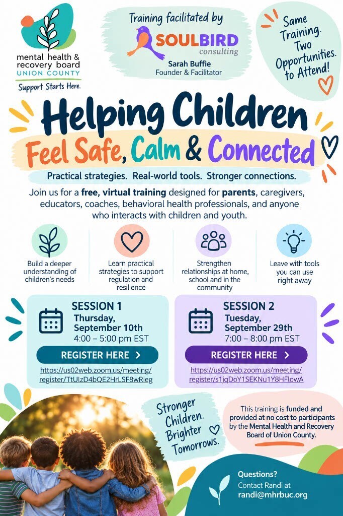 An event poster for "Helping Children Feel Safe, Calm & Connected" shows two sessions with dates, times, and registration details.