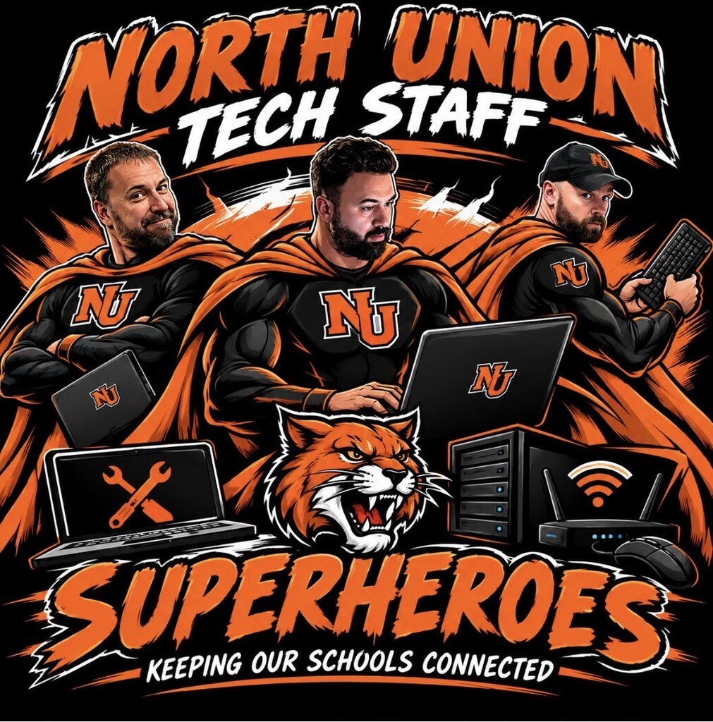 Three men in superhero costumes stand in front of laptops and a tiger. Text reads "North Union Tech Staff Superheroes" and "Keeping Our Schools Connected."