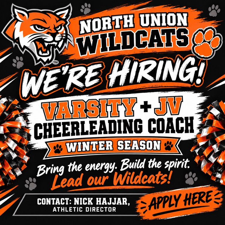 A school sports team poster has a paw print, a paw, and a cat head. Text reads "North Union Wildcats We're Hiring!" and "Varsity + JV Cheerleading Coach Winter Season."