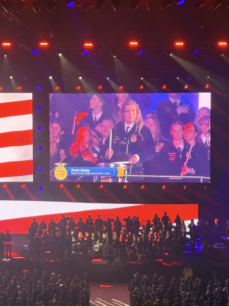 Orchestra on stage with large screen in background, audience seated in front of stage.