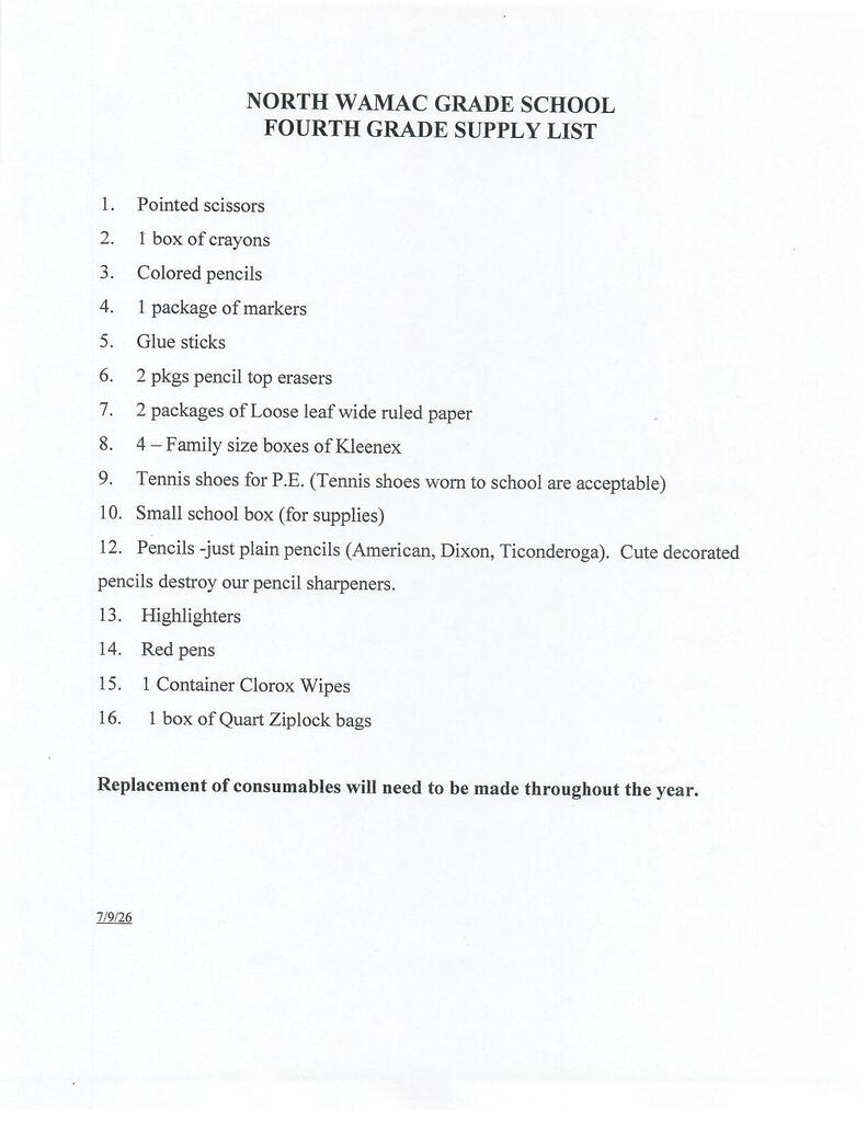 4th Grade Supply List