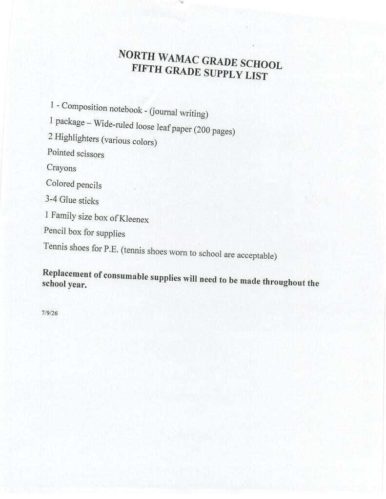 5th Grade Supply List