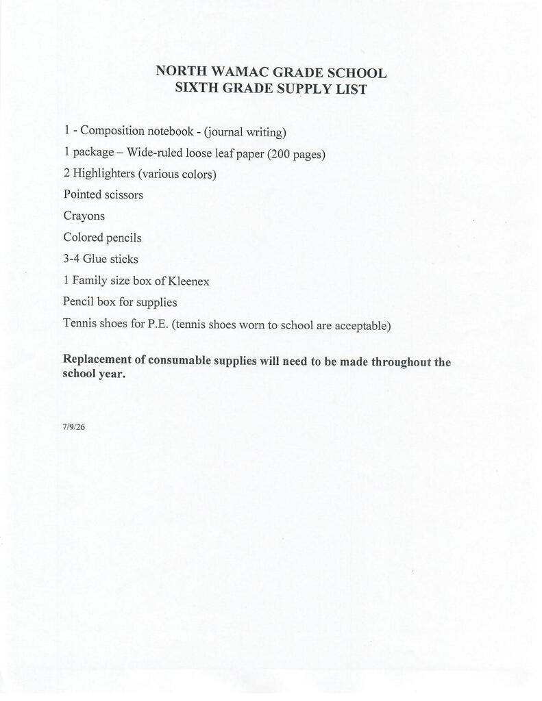 6th Grade Supply List