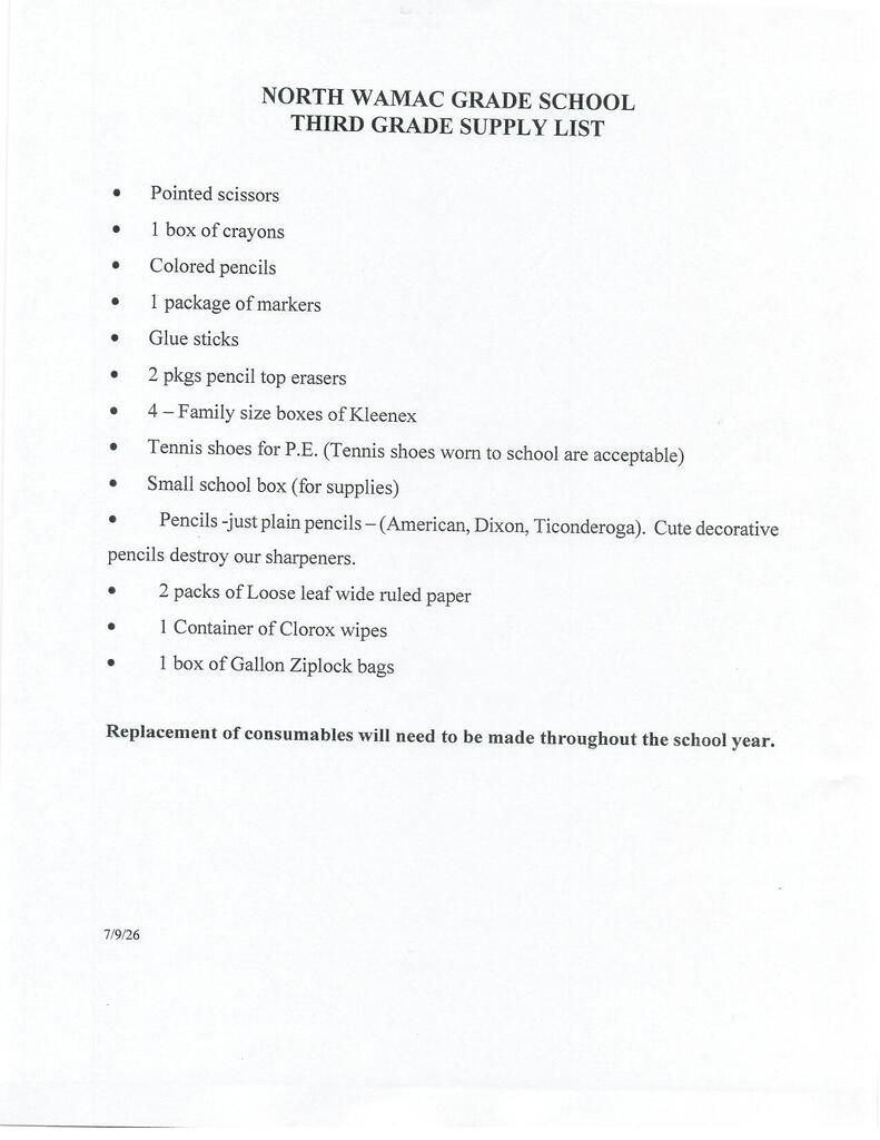 3rd Grade Supply List