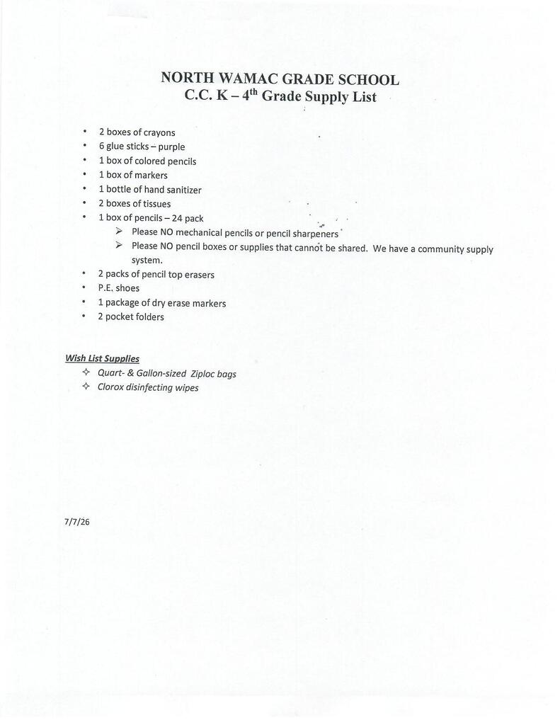 C.C. K-4th Grade Supply List