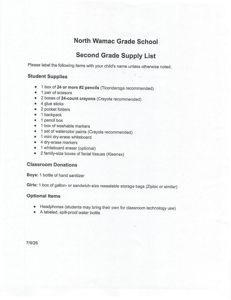 2nd Grade Supply List