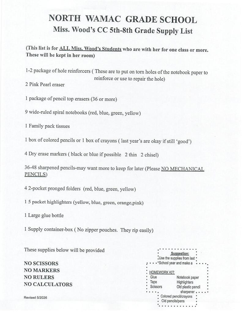 C.C. 5-8th Grade Supply List