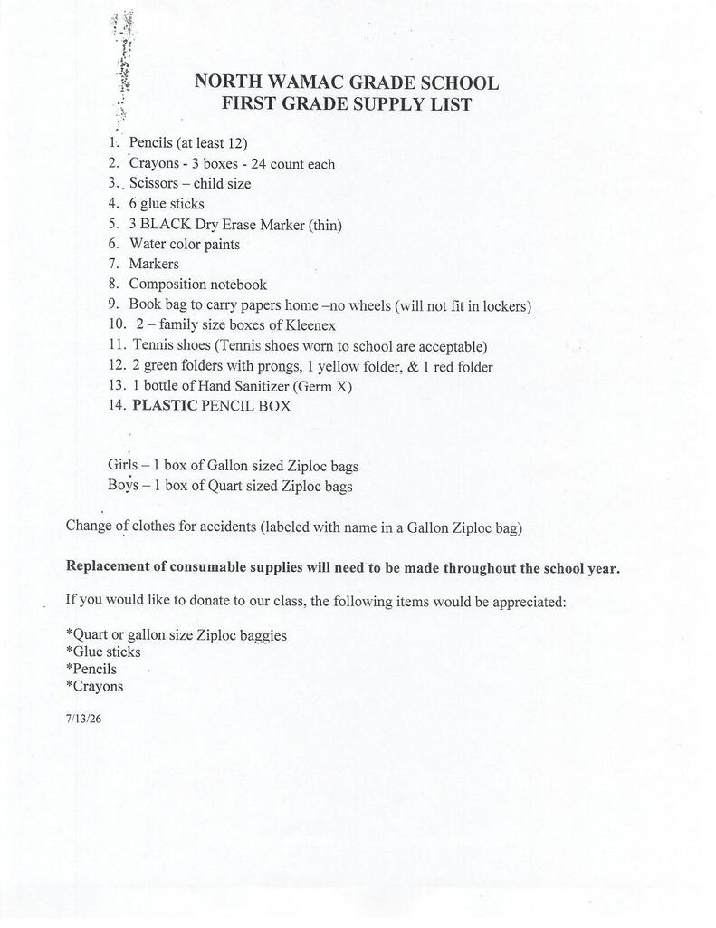1st Grade Supply List