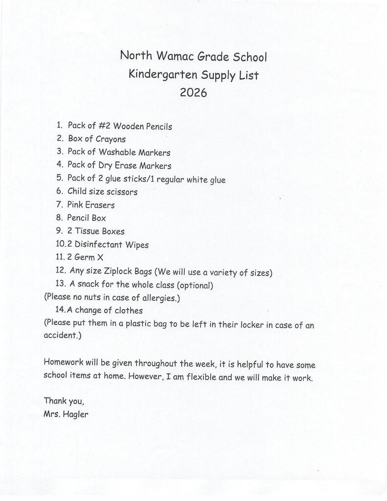 Kindergarten Supply List