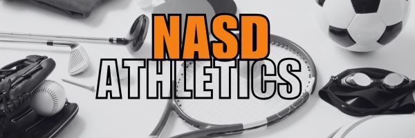Northampton area school district athletics written in front of black and white picture of various sports equipment.