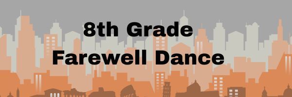 8th grade farewell dance in front of an orange skyline city scape
