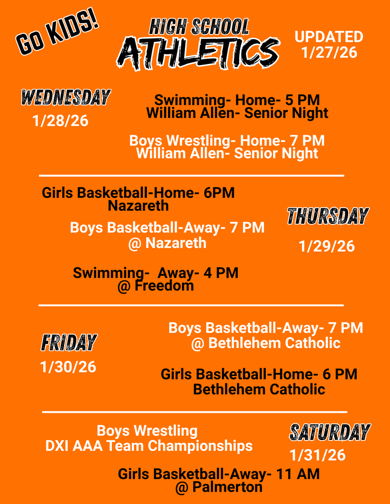 Updated Athletic Schedule week of 1/26-1/31