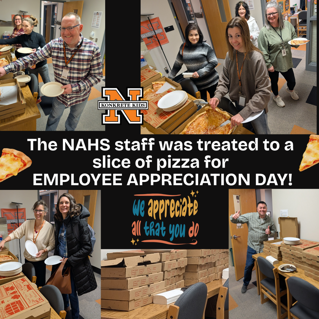 NAHS Staff enjoying a slice of pizza 