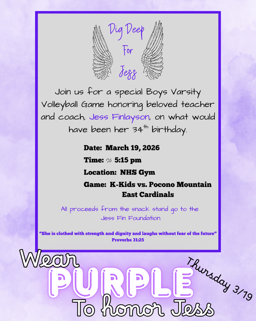 Thursday March 19th, the boys volleyball team invites you to their game to honor Jess Finlayson on what would have been her 34rd birthday. Students and fans are encouraged to wear Purple.