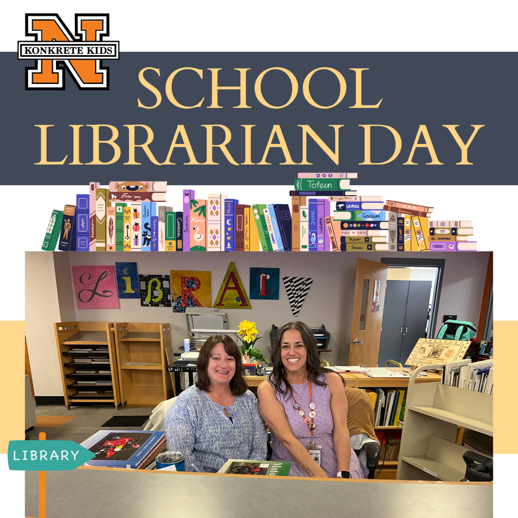 Picture of two ladies sitting behind a desk with books around them and the word Library on the wall. Recognizing School Librarian Day