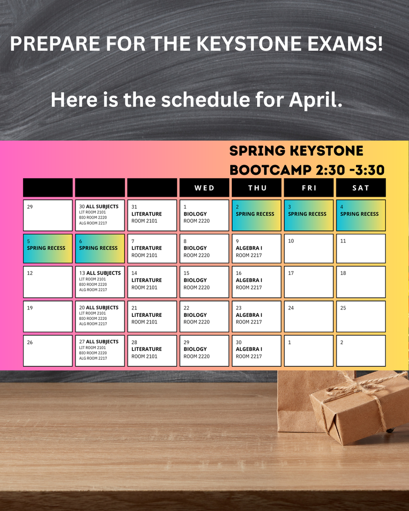 The Keystone Exam prep sessions continue in April. Here are the dates for April.