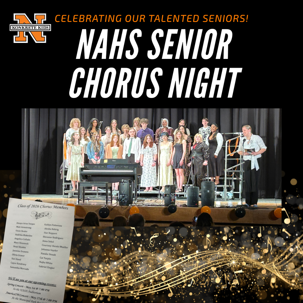 NAHS Senior Chorus Members standing on stage facing the crowd with a piano in the front of them.