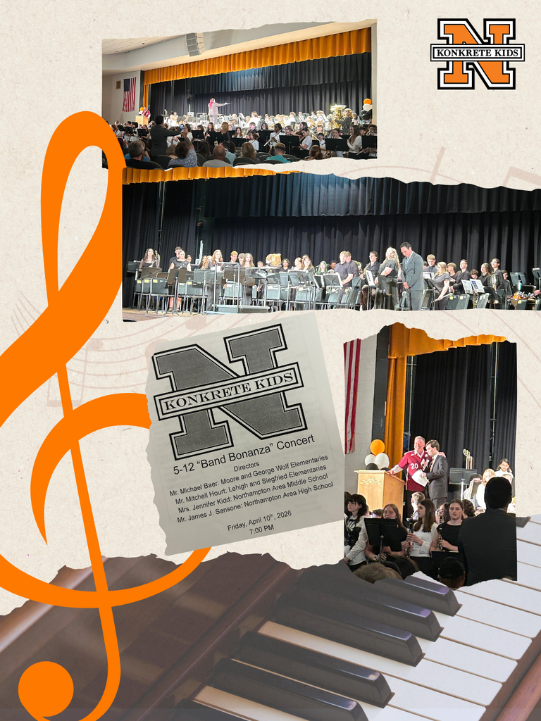 A music symbol with a piano in the background and two pictures of students standing on stage with instruments