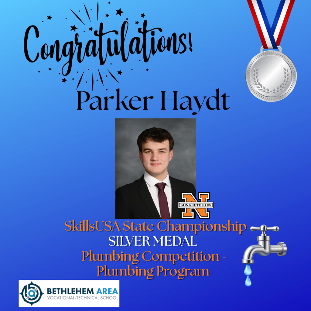 Congratulations Parker Haydt for the SkillsUSA State Championship Silver Medal in Plumbing. With a picture of the student in a suit and tie.