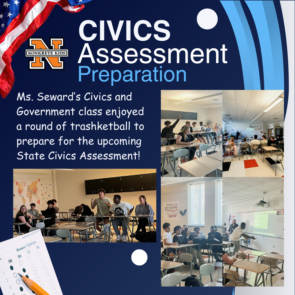 Civics Assessment Preparation in Ms. Seward's Class - A picture of multiple students throwing paper into a trash. 