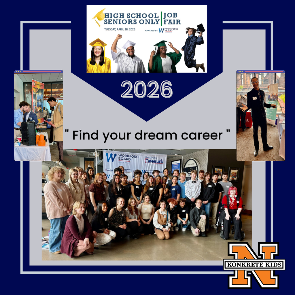 High School Seniors Only Job Fair - with a picture of group of students standing and kneeling. 