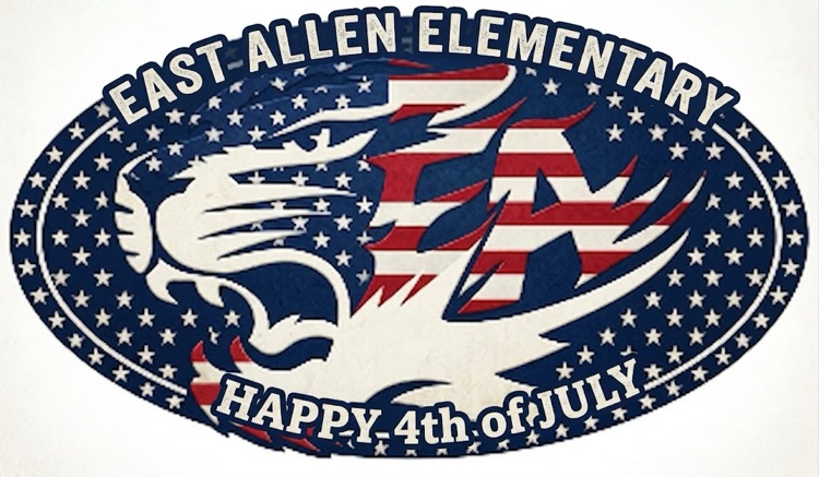 A photo of the East Allen Elementary Tigers in Red-White-Blue wishing everyone a Happy 4th of July