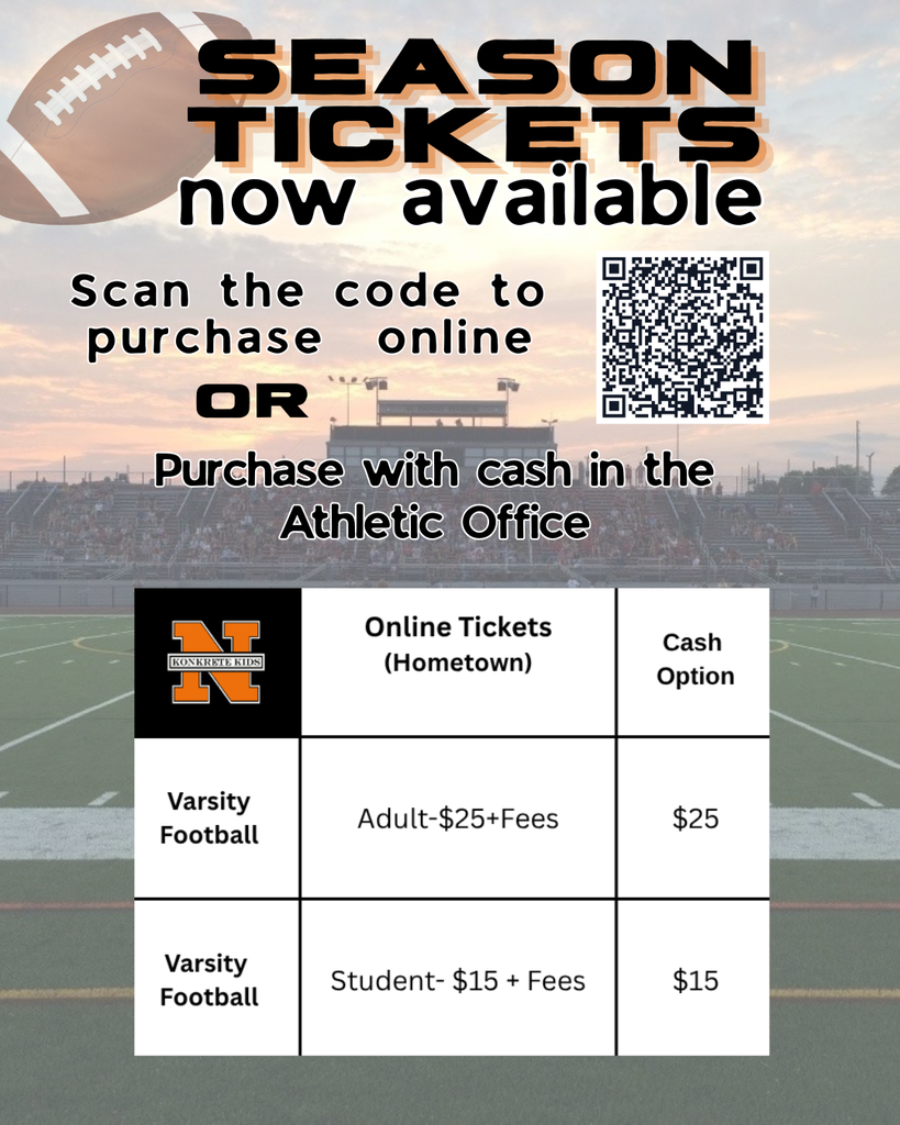 Football Season Tickets are available to purchase online with Hometown Ticketing or with cash in the Athletic Office. 