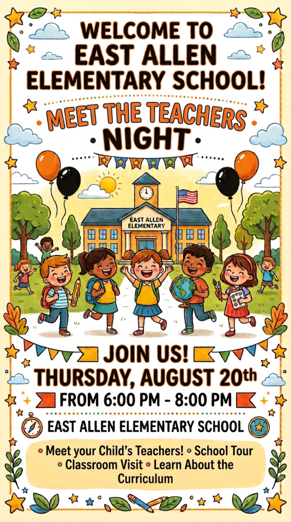 A picture of a school and students, announcing East Allen Elementary School's Meet the Teachers Night on August 20th