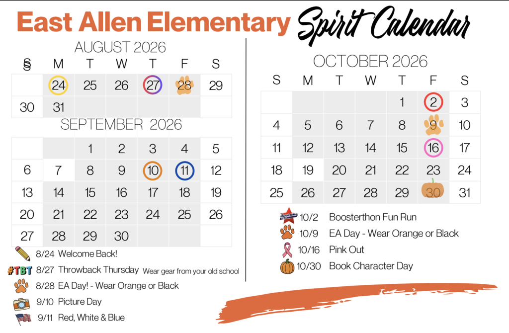 A photo of the East Allen Spirit Days for August, September and October.