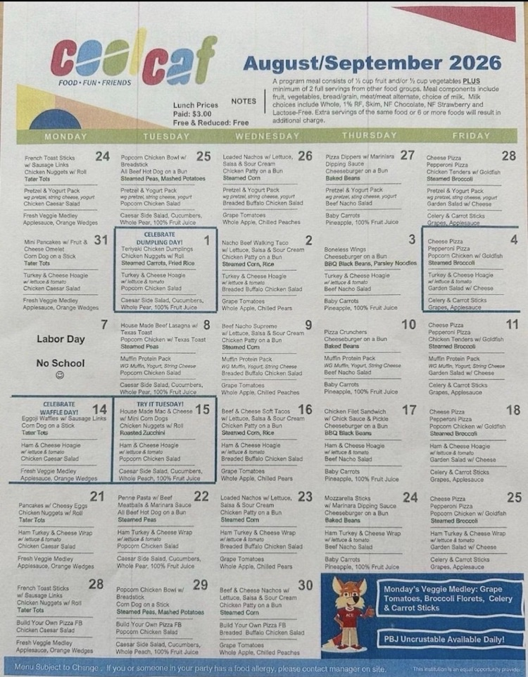 The lunch menu for East Allen